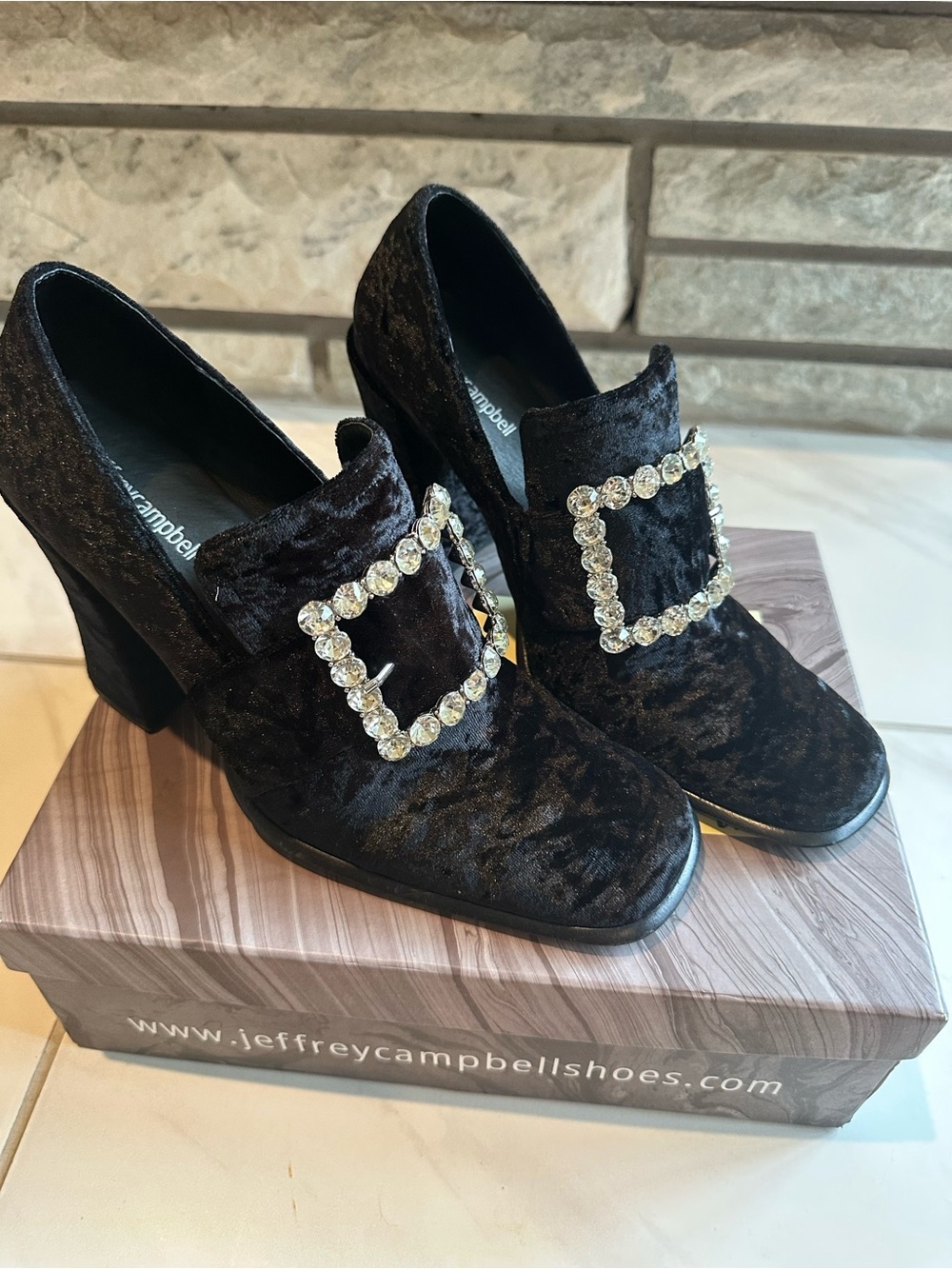 Jeffrey Campbell Black Velvet Crystal-Embellished Block Heel Loafers